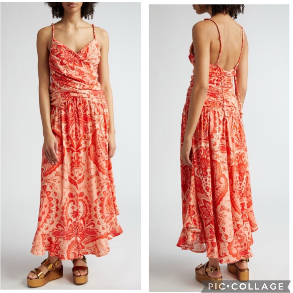 Farm Rio Jaipur Crossed‎ Over Linen Blend Maxi Dress Red M